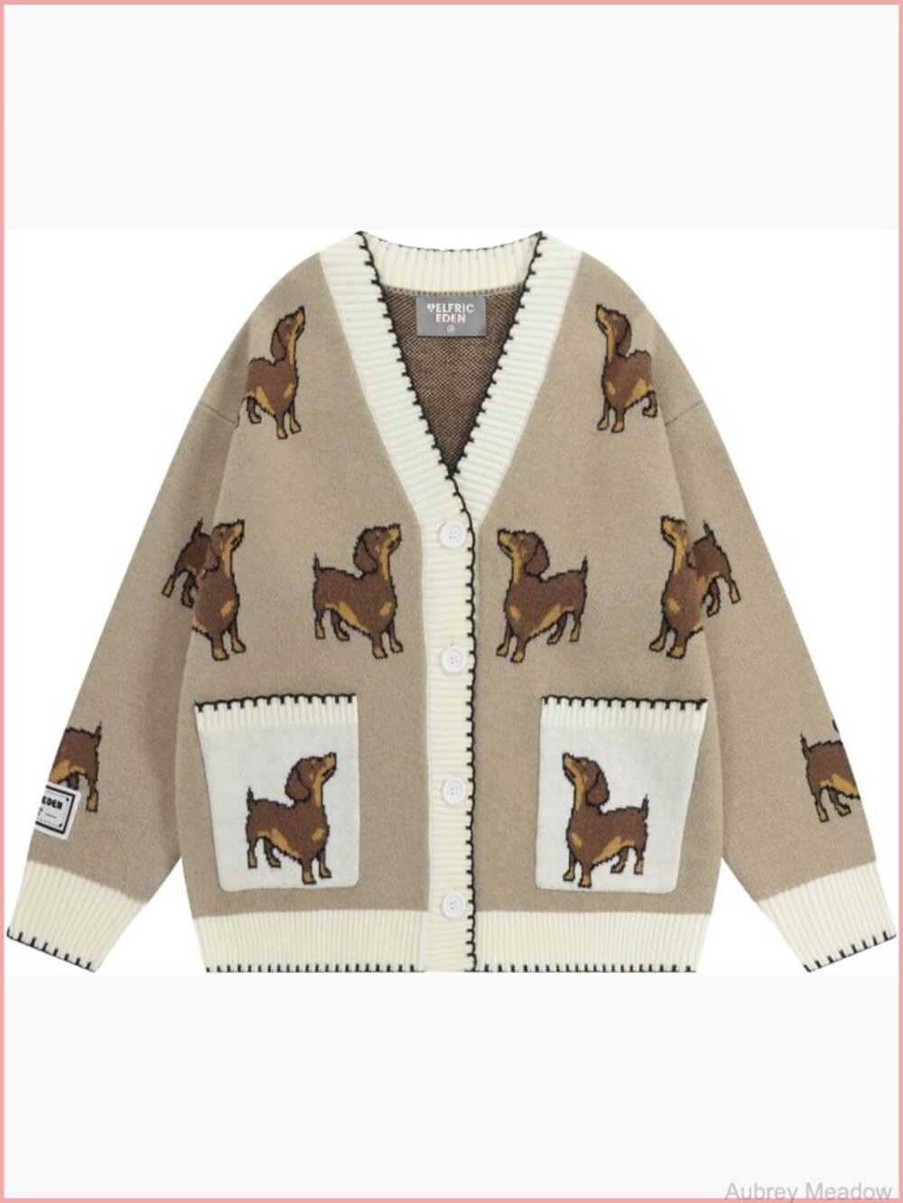 Hand Drawn Dachshund Cardigan Sweater V Neck Long Sleeve Button Down Knit Coat